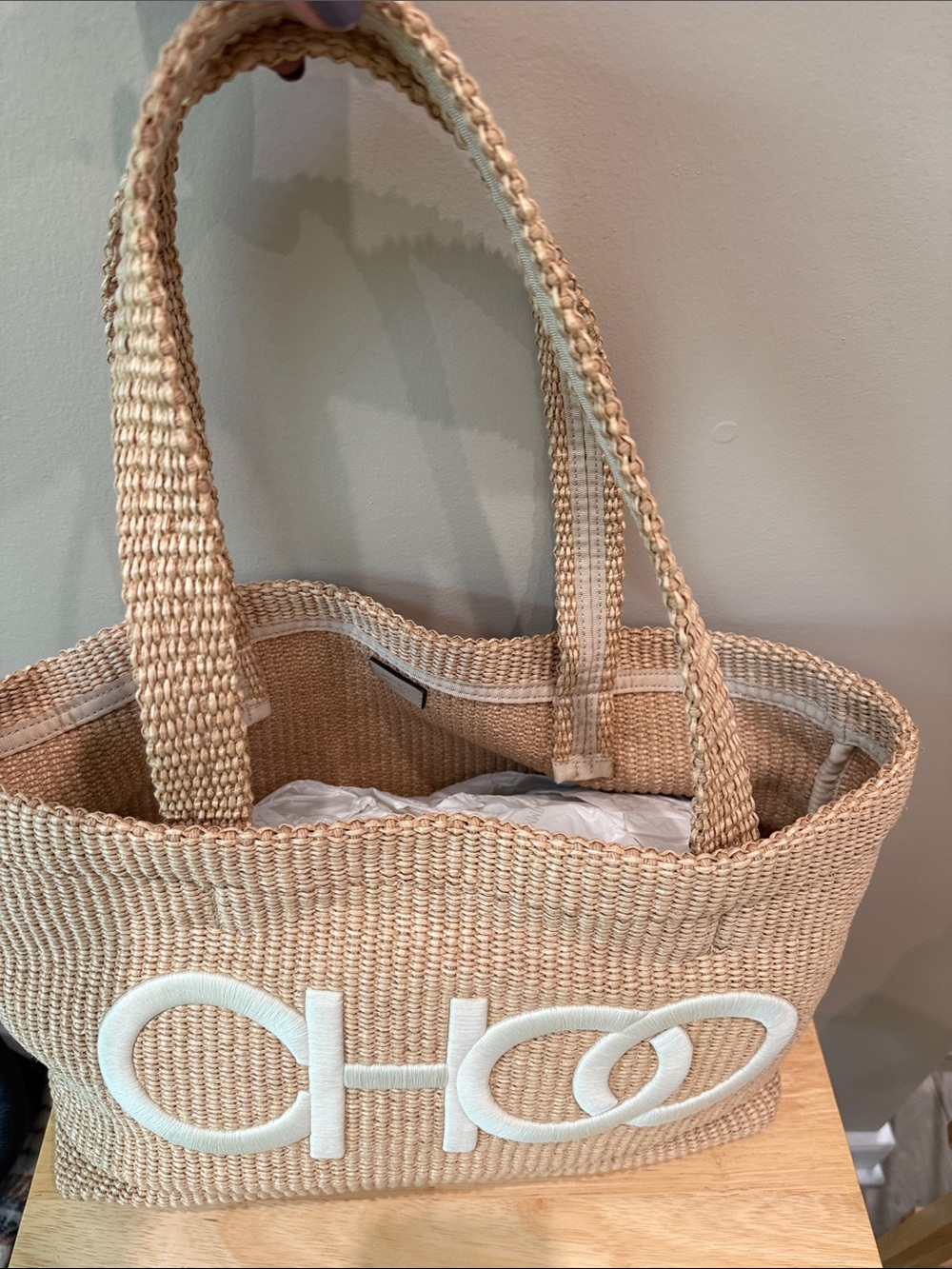 Jimmy Choo Beige Woven Tote with White Logo - Picture 2 of 7